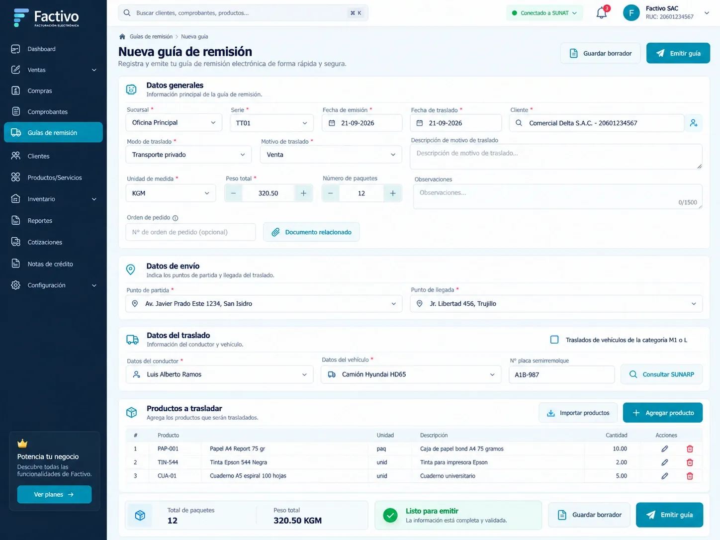 Formulario de nueva guía de remisión en Factivo: datos generales, puntos de partida y llegada, conductor, vehículo y productos a trasladar