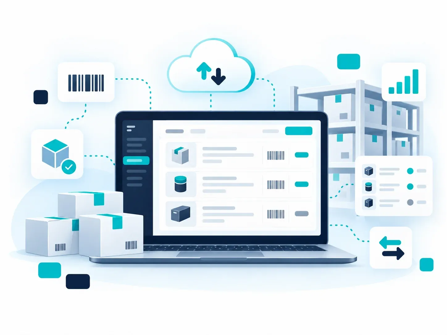 Laptop con la lista de productos y sus códigos de barra, junto a las cajas y los estantes de un almacén