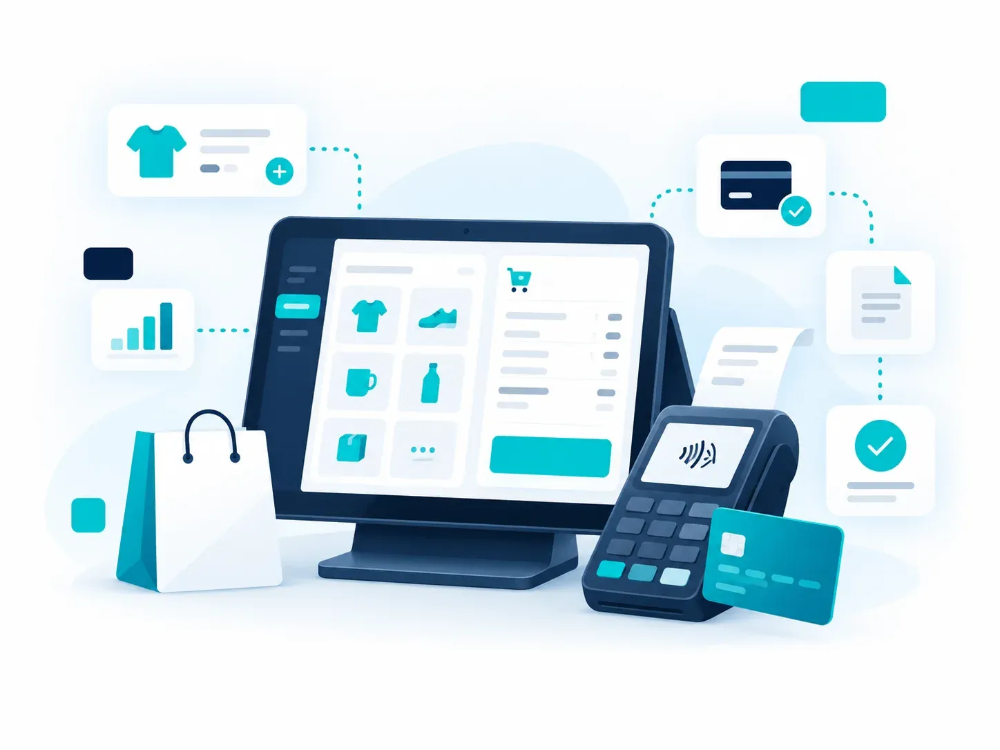 Terminal de punto de venta con los productos en pantalla, un lector de tarjetas y el ticket impreso