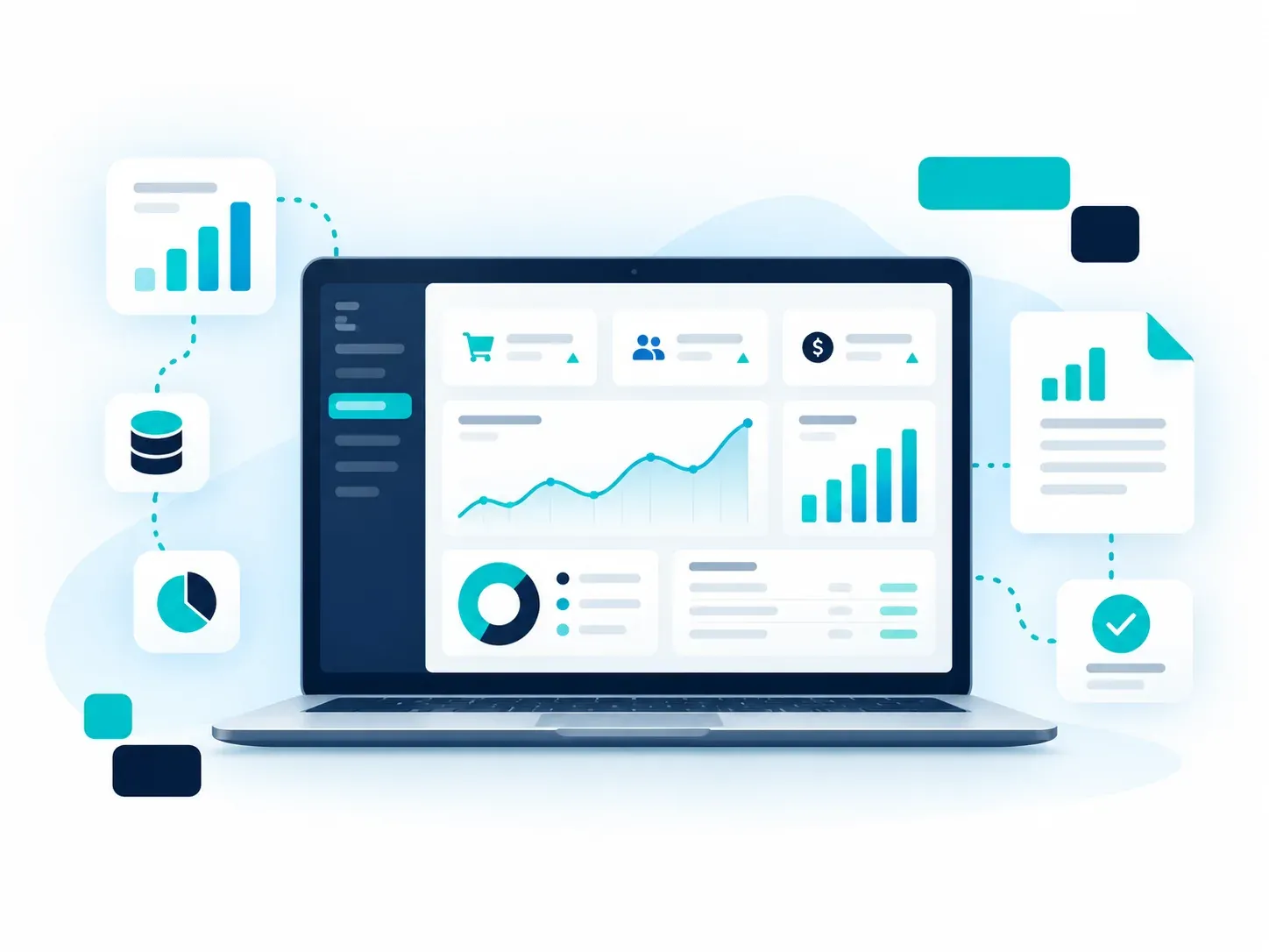 Laptop con un panel de reportes: indicadores de ventas, clientes e ingresos, una curva de ventas y gráficos de barras