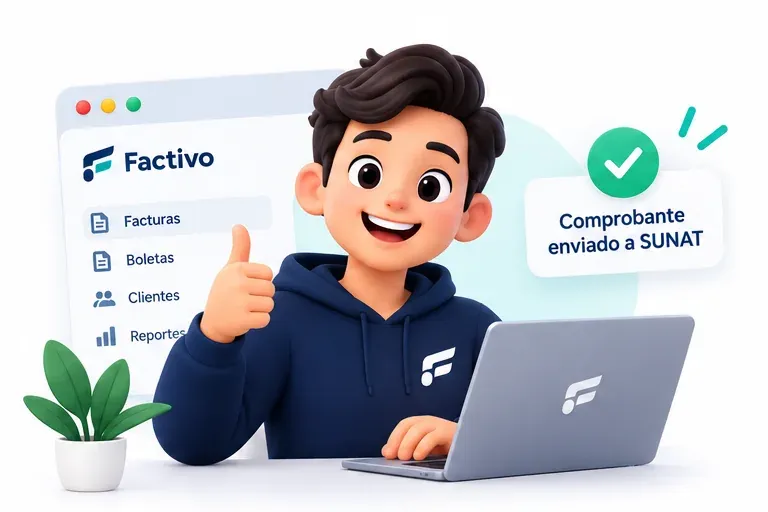 Persona con el pulgar arriba frente a su laptop, junto al aviso de comprobante enviado a SUNAT