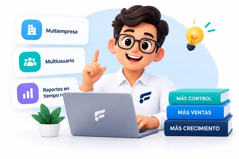 Contador con lentes frente a su laptop, junto a los paneles de multiempresa, multiusuario y reportes en tiempo real