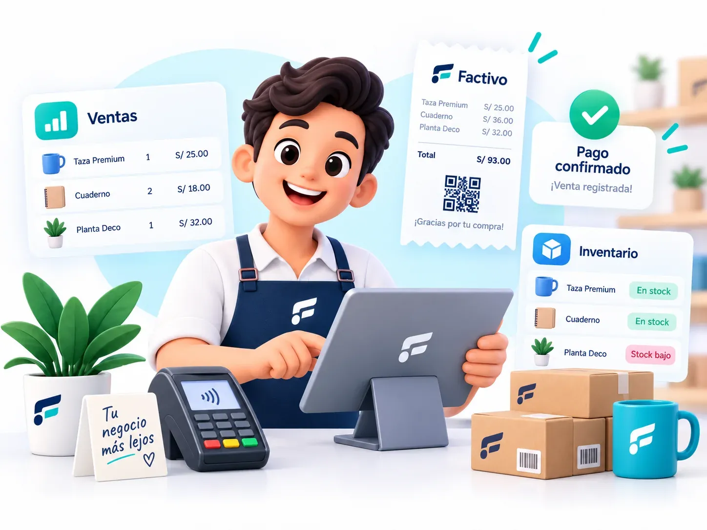 Vendedor con mandil cobrando en una tablet con Factivo, junto al POS, el ticket de la venta y el control de stock