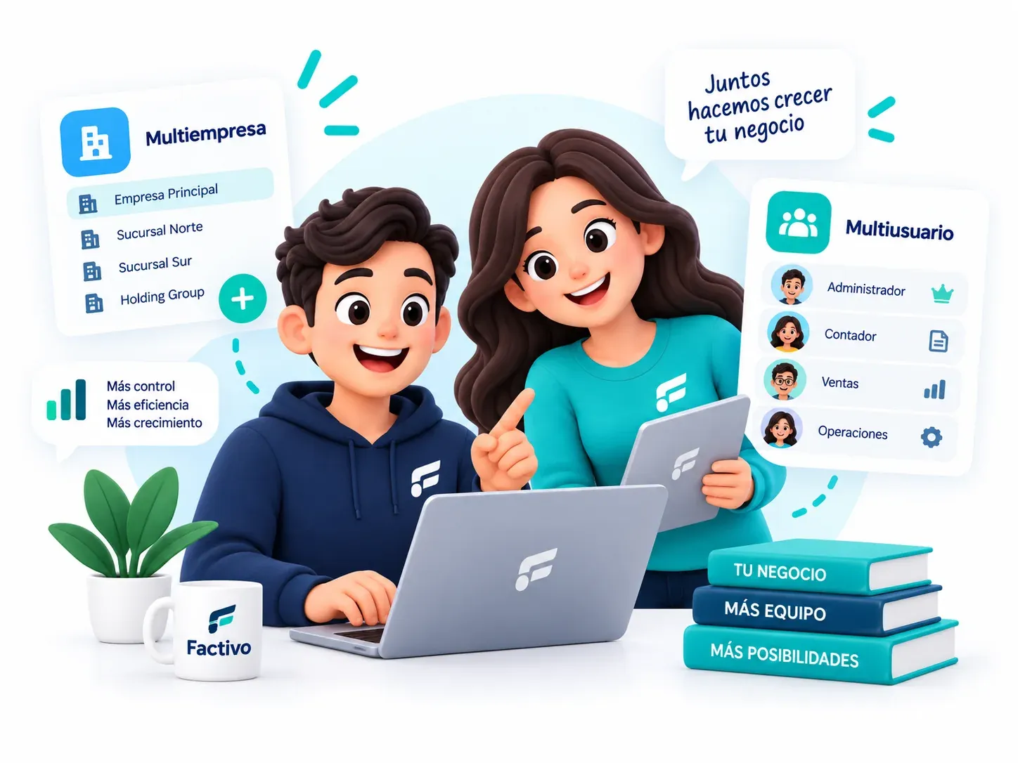 Dos personas trabajando juntas en Factivo, con los paneles de multiempresa y de usuarios con sus roles